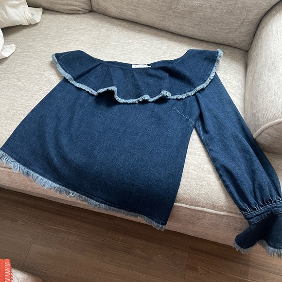 TANYA TAYLOR Denim Orla One-Shoulder Ruffle Fringe Top in Indigo - Picture 5 of 7